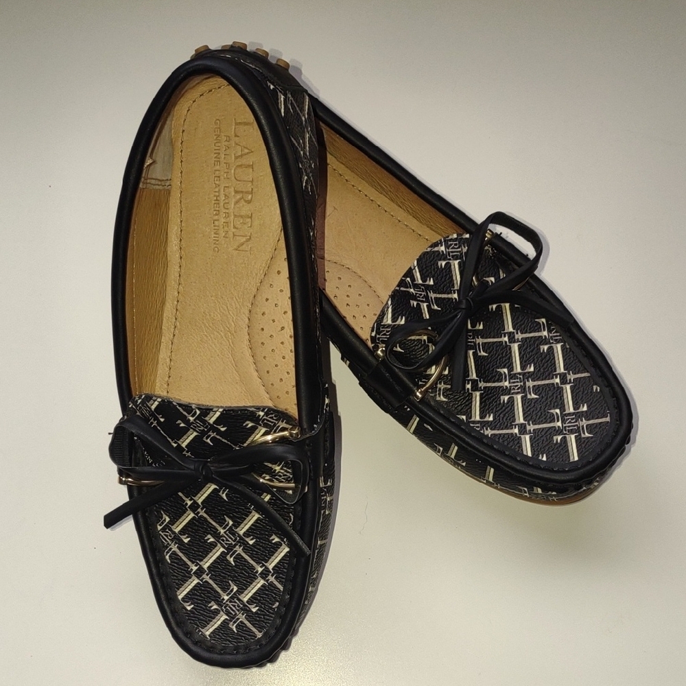 Lauren Ralph Lauren Black and Cream Monogrammed Leather Driving Moccasins